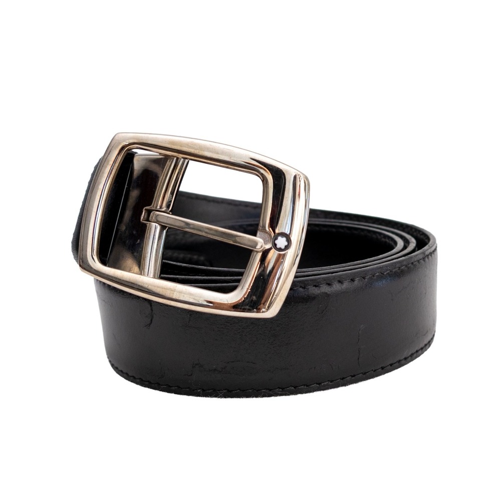 Montblanc Black Leather Belt Palladium Buckle Made In Italy Mens Size 34 36